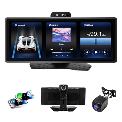 Haudio 10.26 Car Play Screen for Wireless Apple Carplay & Android Auto, Portable Car Stereo with DVR 1080P Front & Rear Camera, Bluetooth, Voice Control, GPS, AUX/FM Radio w/64G TFCard for All Cars