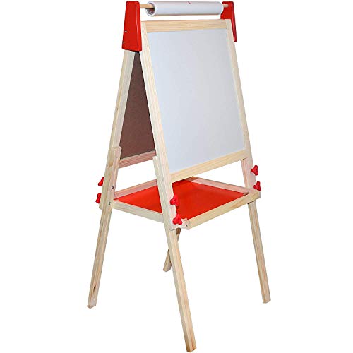 Deluxe Standing Art Easel - Dry-Erase Board, Chalkboard, Paper Roller,Magnetic Whiteboard, Includes Paper Roll, and Accessories,The Ultimate All-in-One Wooden Kid's Art Easel, Young Artist Easel