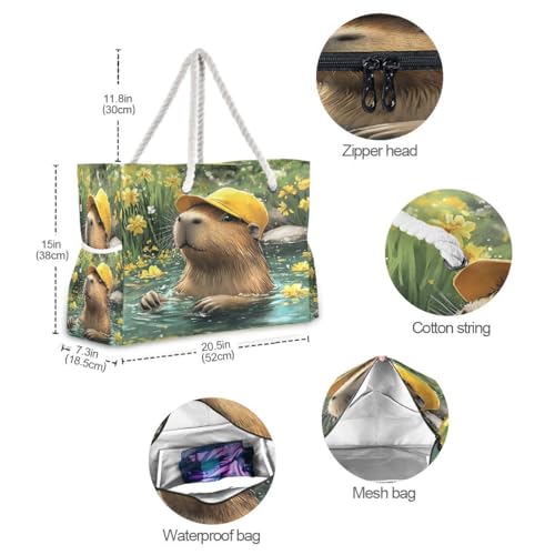 Large Beach Bags Totes Canvas Tote Shoulder Bag Yellow Hat Capybara Water Resistant Bags for Gym Travel Daily4