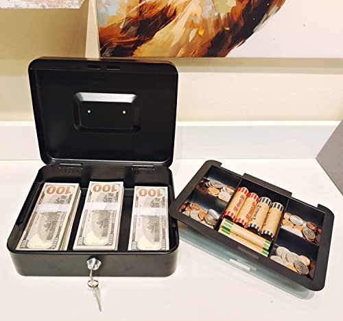 Image of Wosta Cash Money Safe Box - Compact Solid Steel Lockable Security Storage Chest for Loose Money, Coins, Change & Valuables with 2 Keys - Removable Tray with 5 Coin Sections, 1 Bill Section - 8 Inch