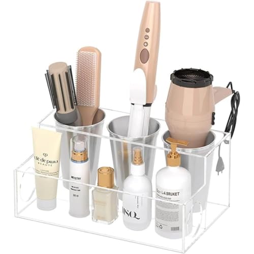 Vlfn 多層耐熱ヘアドライヤースタンド 大容量化粧品収納ボックス付き 卓上設置 ヘアアイロン固定器 浴室/美容院対応 耐熱150℃ ABS素材 ドレッサー神器 引き出し式カップ 省スペース 倒れ防止設計 (とうめいしょく)