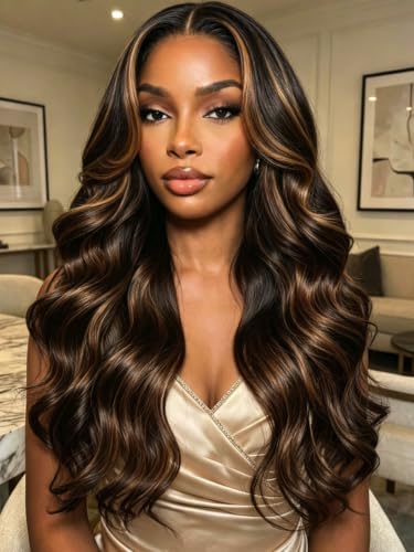 KLAIYI Bye Bye Slip™ Golden Brown Highlight Body Wave Glueless Precut 7x5 Lace Front Wigs Human Hair Drawstring Pre Plucked Bleached Knots Ombre 3S Ready to Wear and Go Wig with Dark Roots 180% 28Inch