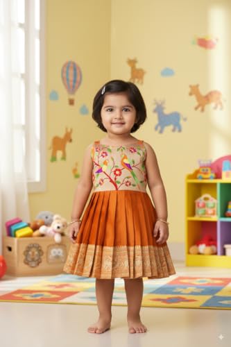 Image of South Indian Traditional Pattu Pavadai Jacquard Frock Dress for Baby Girls