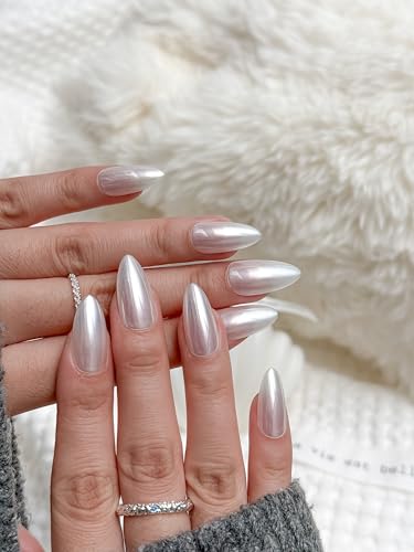 Bianco Sue Press-On Nails | Pearl White Chrome Almond False Nails, Reusable Stick-On Fake Nails with Adhesive Tabs and Glue | Salon-Grade Quality | Transparent Storage Box | 15 Sizes - 30 Nail Kit