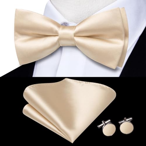 Image of Hi-Tie 5Pcs Mens Solid Color Silk Tie Satin Pretied Bowtie Lapel Pin for Men Handkerchief Cufflink Wedding Gift Box