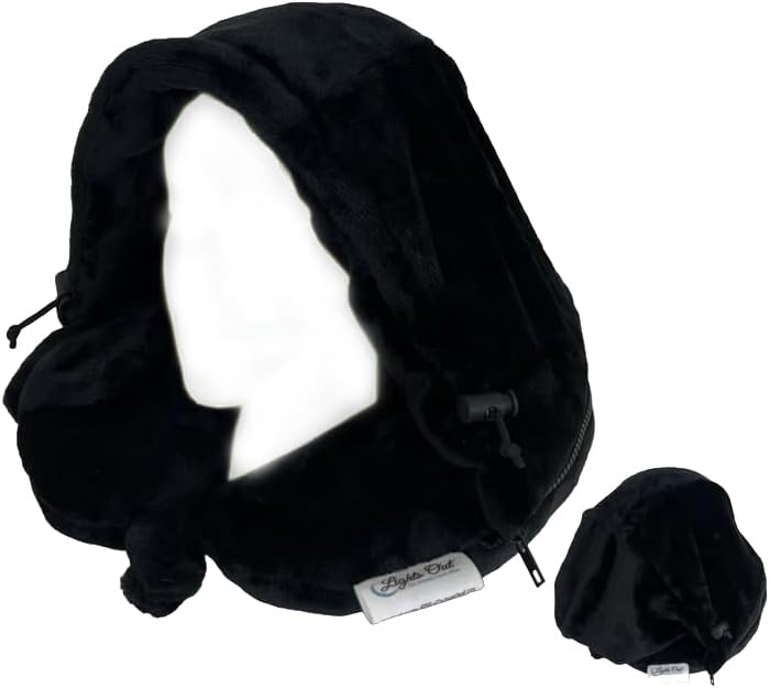 Lights Out Hooded Travel Pillow - Memory Foam Neck Support with Germ Shield Hood for Airplane Sleep Privacy, Ultra Plush Fleece, Micro Air-Fiber Beads, Chiropractor Recommended (Adjustable)