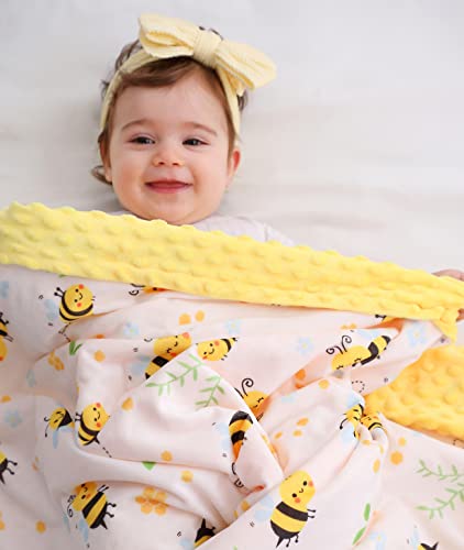 Image of Bee Minky Blanket - Soft Double Layer Plush, Toddler to Newborn, Dotted Backing, Shower Gifts (30 X 40 inches)