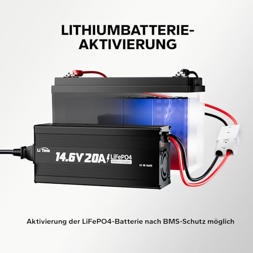 LiTime 14.6V 20A Lithium Batterieladegerät, LiFePO4 Ladegerät 12V AC-DC, Smart Charger mit Anderson Stecker, LED Anzeige speziell für Lithium LiFePO4 Deep Cycle Akkus von Haushalte, Solaranlage, WoMo