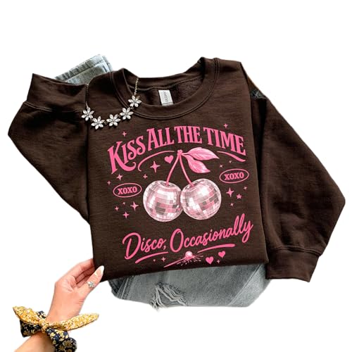 DAYLEA Pink Cherry Disco Sweatshirt Kiss All The Time Graphic Crewneck Cute Retro Aesthetic Pullover Dark Chocolate