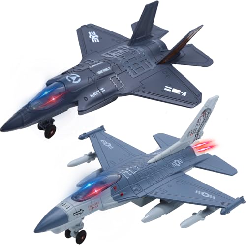 2 Packungen Spielzeug Flugzeug für Jungen mit Sound & Licht, Fighter Jet Plane Model Toys, Pull Back Diecast Plane Toys für Kinder