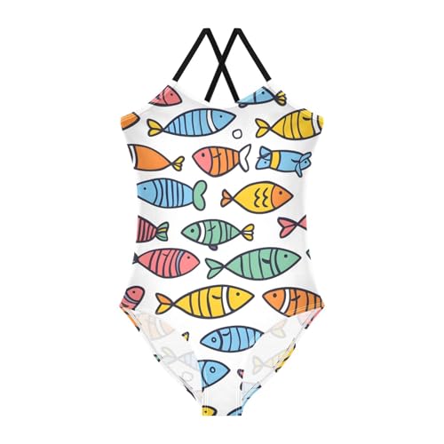 Bolaz Girls Swimsuits One-Piece Bathing Suits Multicolor Kids Sport Summer Beach Swimwear for 3-10 Years Old-Cartoon Fish