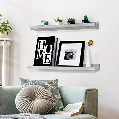 Annecy Floating Shelves Set Of 3, 24 Inch Grey Ledge Shelves For Wall, Wall Storage Shelves With Guardrail Design For Bedroom, Bathroom, Kitchen, Office, 3 Different Sizes #TOP6