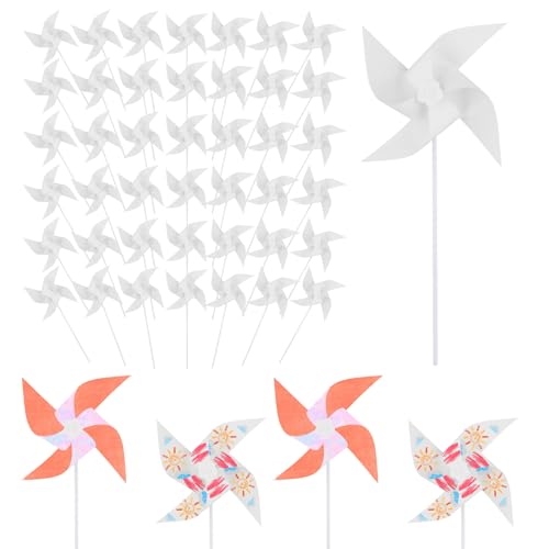 PEUTIER 50stk Windräder Papier Selbermachen, Weiße Windräder Leerem Papier Windräder Leerem Kunststoff Basteln für Kinder Sommeraktivitäten Schule Gruppe Kindertagesstätte Zuhause Spaß Graffiti