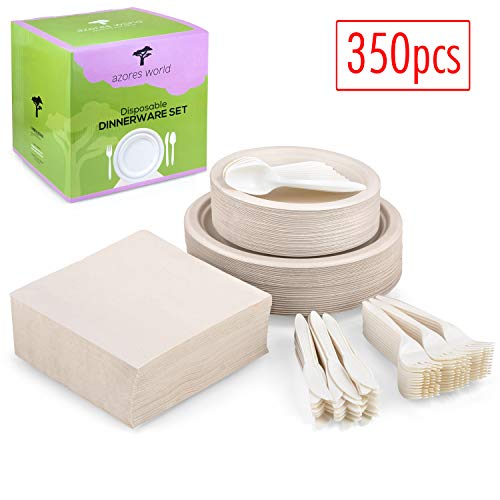 350 Piece Disposable Dinnerware Set 50 Guest - Compostable - Biodegradable Plates - Cornstarch Cutlery (Forks, Spoons, Knives) - Recycled Paper Napkins - Ideal for BBQ, Party, Picnic (1)