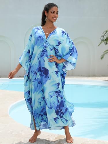 Image of IMAGEKOPE Women's Plus Size Animal Print V-Neck Batwing Kaftan Beach Dress Bathing Suit Cover-Up Loungewear