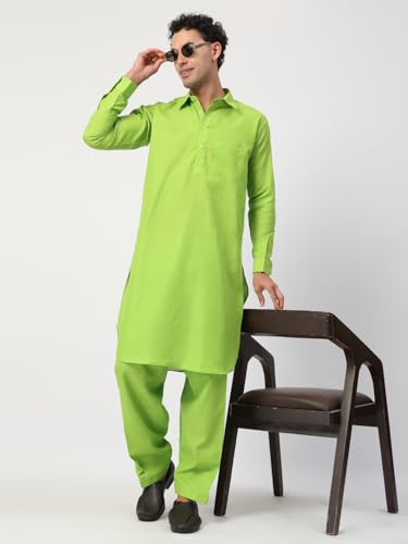 Image of Men's Traditional Pathani Kurta Salwar Set, Red, Long Sleeve, Collared Neck, Cotton Blend, Ethnic Wear