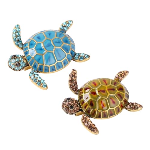 2Pcs Vintage Enamel Turtle Brooch Artificial Diamond Animal Pin Clothing Accessories