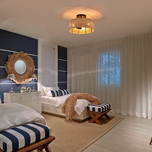 Mhytogn Rattan Semi Flush Mount Ceiling Light, With Woven Natural Cage Shade, Famhouse Wicker Ceiling Light For Entryway Porch Hallway Kitchen Bedroom Balcony 3-Light #TOP4