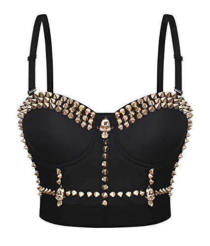 BSLINGERIEÂ® Madonna Style Metallic Studs Bustier Bra Corset Top (L, Black Skull)