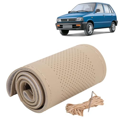 Image of KINGSWAY PU Leatherite Car Steering Cover Sewable Compatible with Maruti Suzuki 800 (Year 2000-2014), Beige Color with Beige Thread, Pack of 1 with Sewing Needle and Thread