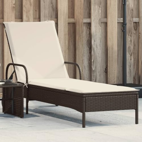LAPOOH Sonnenliege mit Rollen und Auflage Braun Poly Rattan,...