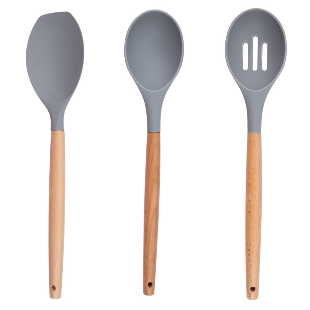 alpina Küchengeschirrset mit Halter – 12-teilig – Silikon-Utensilien mit Holzgriff – Grau, 0.00