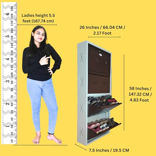 Image of I Double Decker Metal Shoe Rack I Double Lock I Wall Mounted I 4 Shelve (Brown Colour) I Coad LC 2DDL-04 BR I Height 58 Inches, Width 26 Inches, Depth 7.5 InchesI 3 Years Warranty.