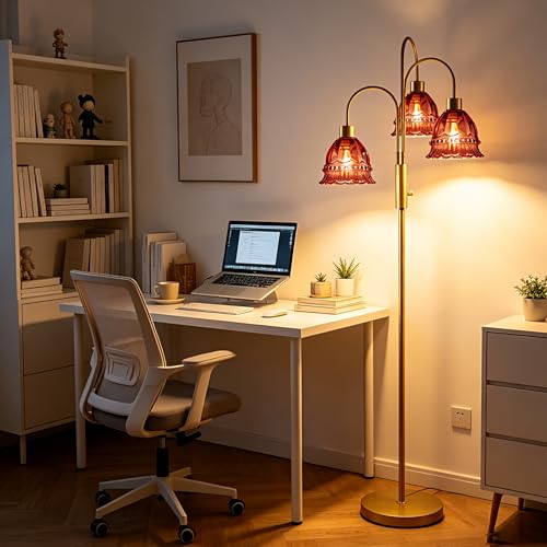 Image of 3-Light Modern Glass Floor Lamp with Deep Red Glass Shades, 70 inch Dimmable Tall Standing Lamp with 3000K Warm White Bulbs for Wedding /Party, Gold Tree Pole Lamp for Living Room Bedroom Home Office