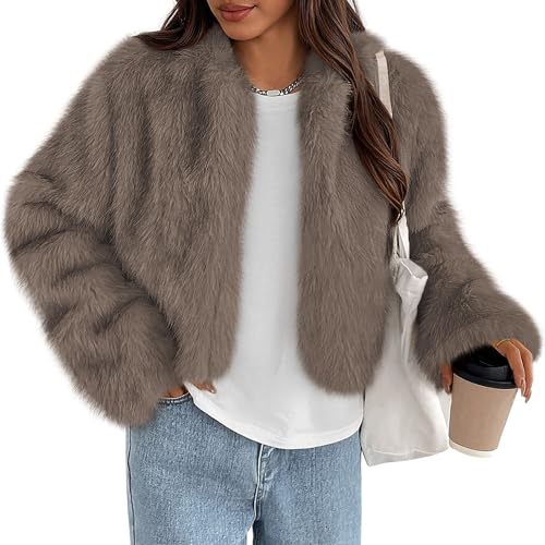 Image of PRETTYGARDEN Womens 2025 Winter Coats Fluffy Cropped Faux Fur Jacket Long Sleeve Open Front Shaggy Outerwear Trendy Clothes (Taupe,Small)