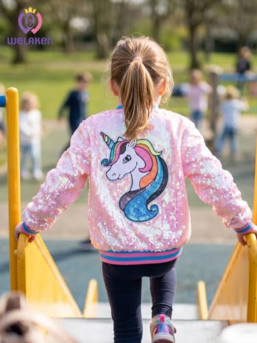 Image of WELAKEN Unicorn Sequin Jacket for Girls Kids Toddler Sparkle Zipper Bomber Jacket with Pockets