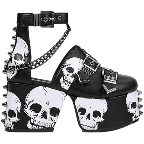 DETOGNI Women's Skulls Design Spiked Studs Chunky Platform Black Wedges Shoes Punk Gothic Chains Sandals Adjustable Strap Buckles Eyelets Block Heel Boots Cover