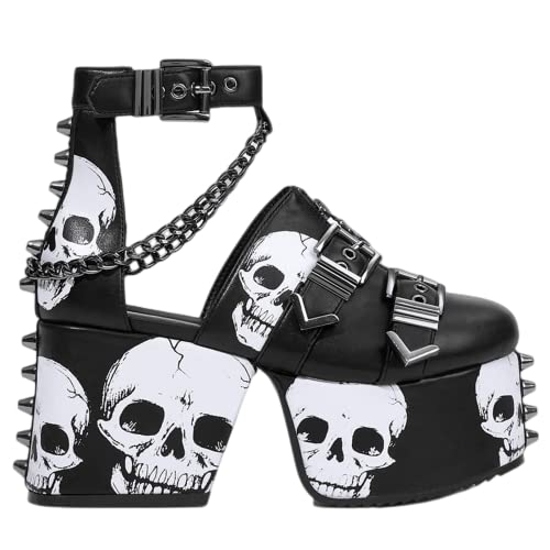 DETOGNI Women's Skull Design Silver Spiked Studs Chunky Platform Black Wedges Shoes Punk Gothic Hanging Chains Adjustable Strap With Buckles And Eyelets Block Heel Boots