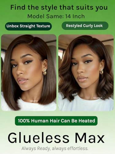 Image of KLAIYI Bye Bye Slip Glueless Dark Chocolate Brown Side Part Yaki Straight Bob Wig Human Hair Ombre Precut 7x5Lace Front Wig Drawstring Blunt Cut Pre Plucked Bleached Knots Ready to Wear Go Wig 12Inch