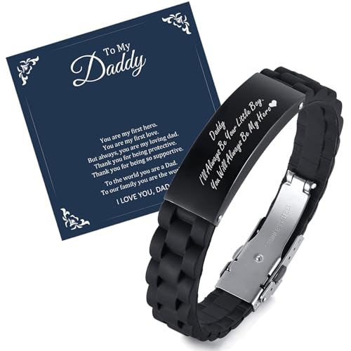 PJ JEWELLERY Daddy Gifts Mens Bracelets for Christmas - Black Silicone Bracelets Engraved Love Daddy Message for Men, Gifts For Dad from Son, Father's Day Birthday Christmas Xmas Presents