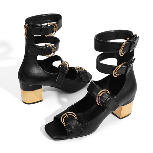 LOCERICH Womens Heeled Sandals Chunky Block Heels Open Toe Strappy Comfortable Ankle Strap Gold Low Heel Dress Shoes for Women3