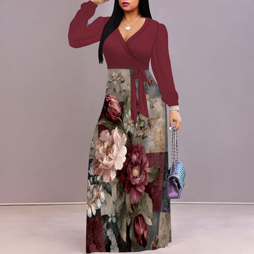 Image of Women's Plus Size Maxi Dresses Long Sleeves V Neck Floral Print Bohemian Swing Long Dress with Belt