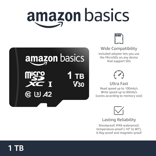 Image of Amazon Basics microSDXC Memory Card with Full Size Adapter, A2, U3, Read Speed up to 100 MB /s, 1 Tb, Black