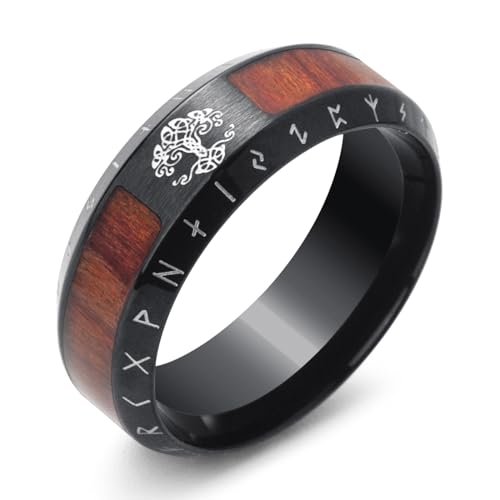 KIRTIJW Viking Ring with Tree of Life & Runes for Men - Size 12, Stainless Steel, Black - Thanksgiving Special