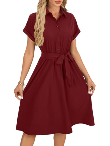 Image of Vrtige Women's Collar Neck Button Down Tie Waist Short Sleeve A Line Midi Shirt Dress