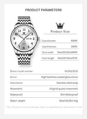 Olevs Mens Watches Quartz Analog Classic Wristwatch For Men Big White Face Dial Waterproof Day Date Wrist Watch Water Resistance Stainless Steel Relojes Para Hombres With Arabic Numeral Easy To Read #TOP4