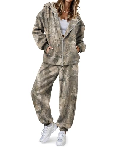Meladyan Womens Camo 2 Piece Outfits Oversized Maple Leaf Print Hoodies Camo Sweatsuits Sweatshirt Lounge Sets