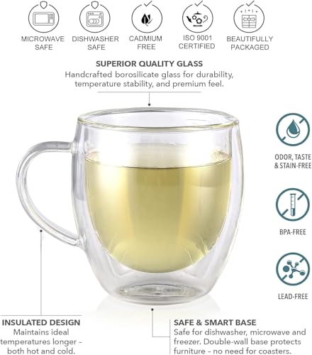 Image of Ash & Roh 250ml Heat Resistant Double Walled Glass Coffee Cups, Crystal Clear Insulated Mugs with Handle for Tea, Latte, Cappuccino (Pack of 4)
