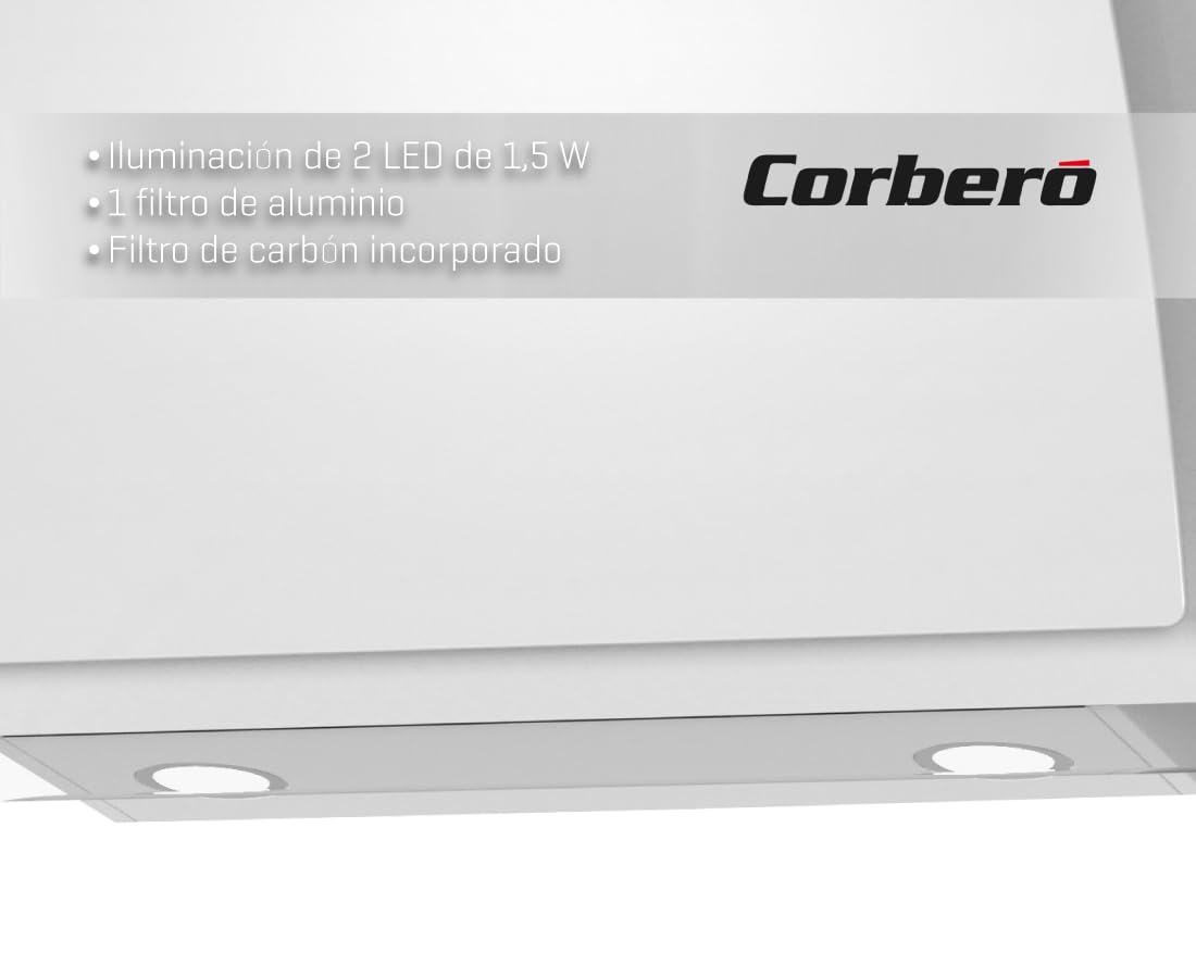 Corberó – Campana Decorativa `[NYASA9000W] 90 cm | Caudal 831 m3/h| 3 Velocidades | Control Touch | Filtro Aluminio 3 Capas + Filtro Carbón | E.Energética A++ | Cristal Blanco