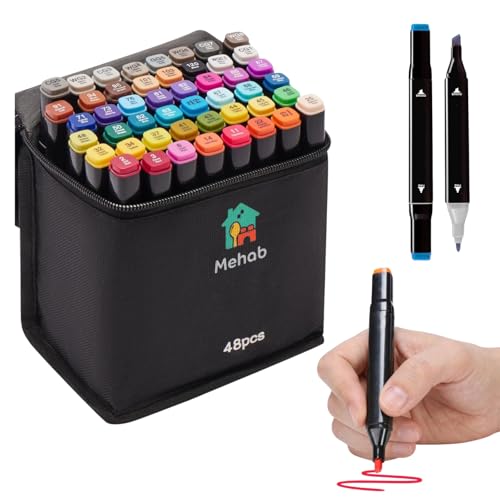 Image of 48 Shades Dual Tip Brush & Fine Art Markers Set | Professional Sketch Pens with Carry Case | Permanent Coloring Tools for Drawing, Calligraphy, Doodling | Ideal for Kids, Students & Artists