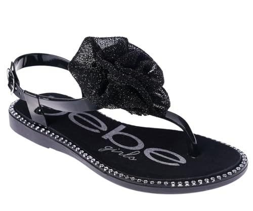 Image of bebe Girl's Flat Sandals - PCU Sandals with Flower, Bow, and Rhinestone Details for Toddler /Little Kid /Big Kid