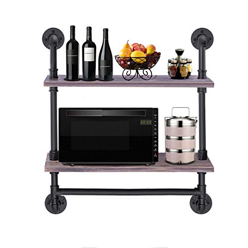 Elibbren Industrial Pipe Shelf, Rustic Wall Mounted Shelving with Towel Bar Rack for Bathroom, 2-Layer Wood Bookshelf, Pipe Shelving for Kitchen(Wooden Board contained)