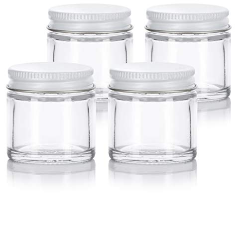 1 oz / 30 ml Clear Thick Glass Straight Sided Jar with White Metal Airtight Lid (4 pack)