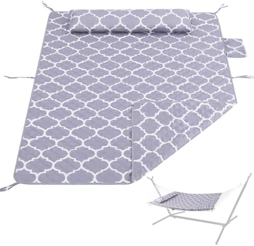 Double Hammock Pad and Pillow Set,78″ x 55″Polyester Quilted Hammock Pad, Enhanced Comfort for Rope Outdoor Patio, Garden, Beach Hammocks, Grey