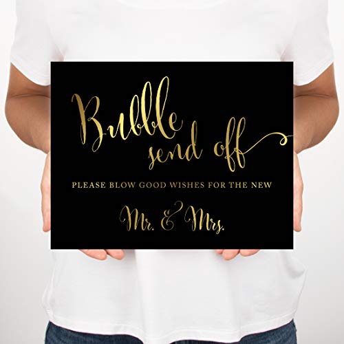 Andaz Press Wedding Party Signs, Black And Metallic Gold Ink, 8.5X11-Inch, Bubble Send Off Please Blow Good Wishes For The New Mr. & Mrs. Sign, 1-Pack, Unframed #TOP4