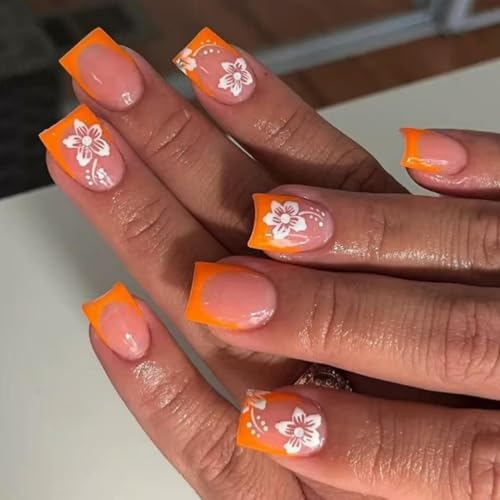 Image of NBNTGH Orange French Tip Glue On Nails, 24 Pcs Short Square ABS Acrylic Full Cover Stick On False Nails, Reusable, Glossy, Spring /Summer Press On Nails
